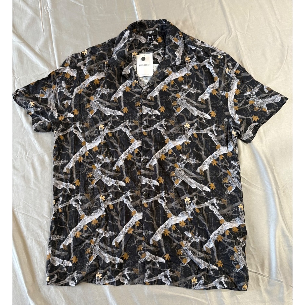Forever 21‎ Mens Black Nature Tree Branch Leaf Print Short Sleeve Button Down L